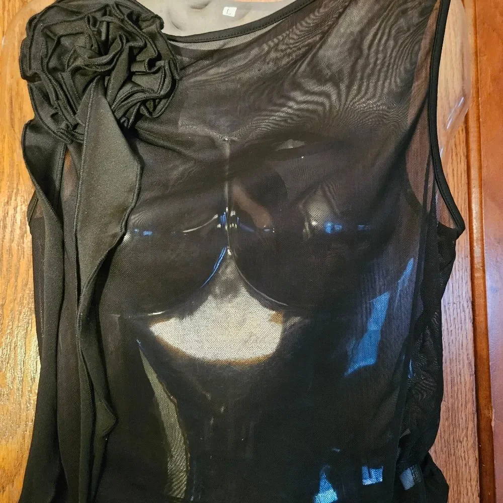 NWT Ekaliy Sheer 2pc Set Large Black Rose Applique Wide Leg Pant Outfit - Picture 2 of 12